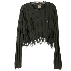 NWOT FURST OF A KIND Sweater Women~M~L Oversized Olive-Green Rib Distressed Crop